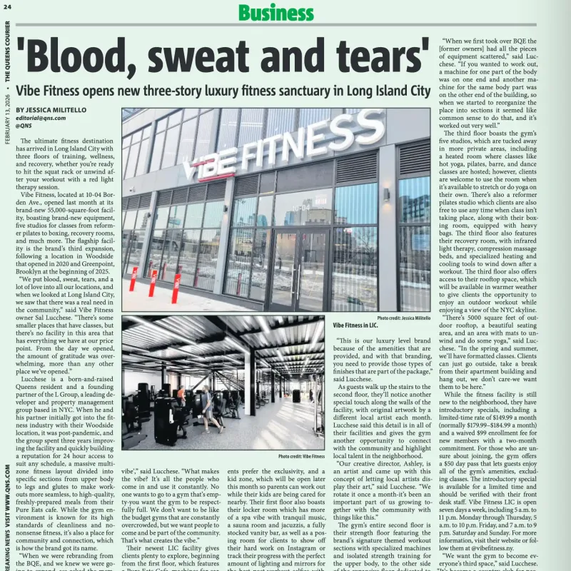 Page 24 of the February 13, 2026 issue of the Queens Courier covering VIBE LIC